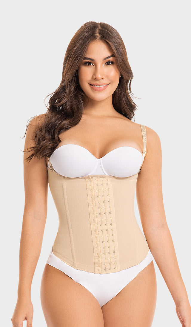 Cinturilla reductora en color beige. Vista frontal que muestra las cargaderas ajustables.