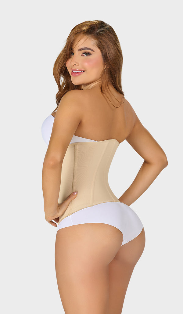 Faja cinturilla reductora strapless beige con soporte lumbar y borde siliconado.