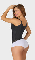 Vista posterior de la blusa de control BL-0238 en color negro, con diseño de espalda cubierta, sin ganchos y borde inferior siliconado para mayor comodidad y sujeción.